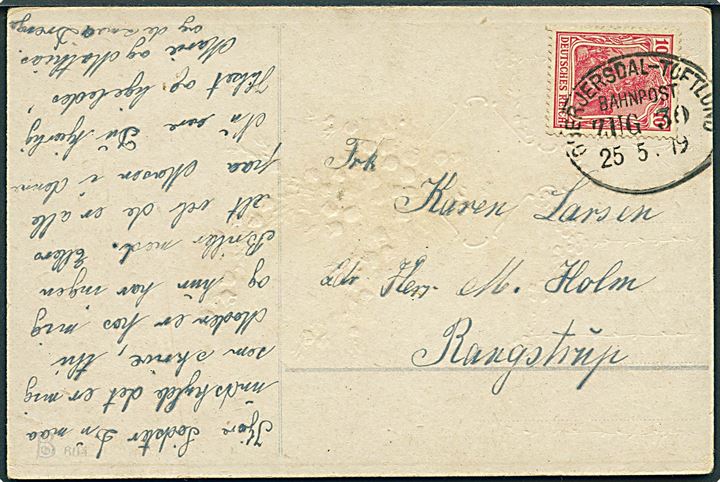 10 pfg. Germania på brevkort annulleret med bureaustempel Oberjersdal - Toftlund Bahnpost Zug 30 d. 25.5.1919 til Rangstrup.