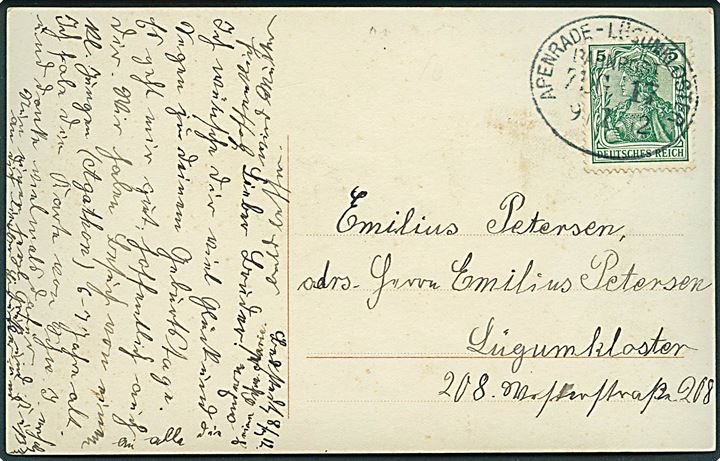 5 pfg. Germania på brevkort fra Bedsted annulleret med bureaustempel Apenrade - Lügumkloster Bahnpost Zug 17 d. 9.1.1912 til Lügumkloster.