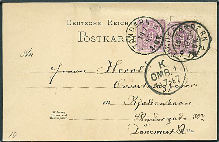5 pfg. Ciffer (2) på brevkort stemplet Tondern *a d. 13.7.1887 til Kjøbenhavn, Danmark.