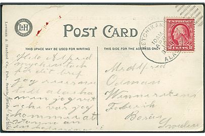 2 cents Washington på brevkort (Hundeslæde efter bjørnejagt) stemplet Ketchikan Alaska d. 12.4.1913 til Borås, Sverige. Lille fold.