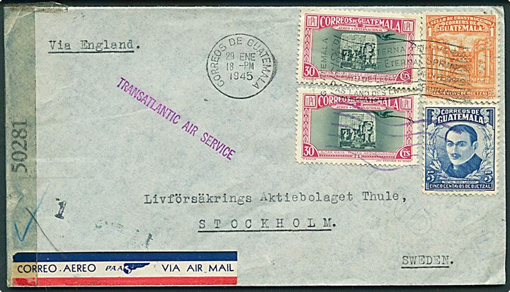 66 c. blandingsfrankeret luftpostbrev fra Guatemala d. 29.1.1945 til Stockholm, Sverige. Liniestempel: Transatlantic Air Service. Åbnet af amerikansk censur no. 50281.