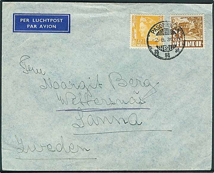 2½ c. og 42½ c. på luftpostbrev fra Pasoeroean d. 2.6.1936 til Sanna, Sverige.