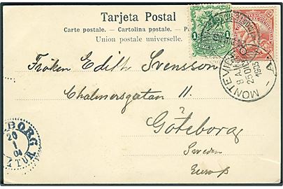 1 c. og 2 c. på brevkort (Argentinske Legation, Montevideo) fra Montevideo d. 25.12.1903 til Göteborg, Sverige. Lille rift.