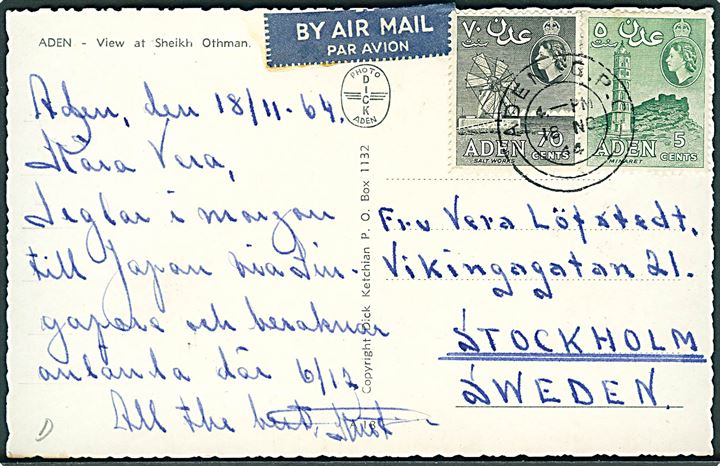 5 cents og 70 cents Elizabeth på luftpost brevkort fra Aden G.P.O. d. 18.11.1964 til Stockholm, Sverige.
