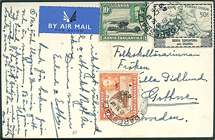 5 c., 10 c. George VI og 50 c. UPU 75 år på luftpost brevkort fra Daressalaam d. 10.12.1949 til Gottne, Sverige.