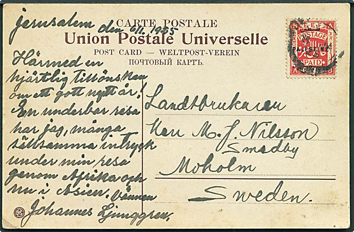 8 mills EEF Palestine provisorium på brevkort fra Jerusalem d. 8.1.1925 til Moholm, Sverige.
