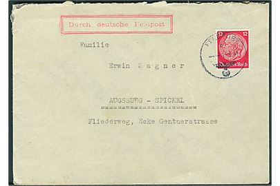 12 pfg. Hindenburg på brev annulleret Feldpost d. 11.9.1941 til Augsburg, Tyskland. Rammestempel Durch deutsche Feldpost. Fra feldpost-nr. 05494 = Rüstungs-Insp. Paris.
