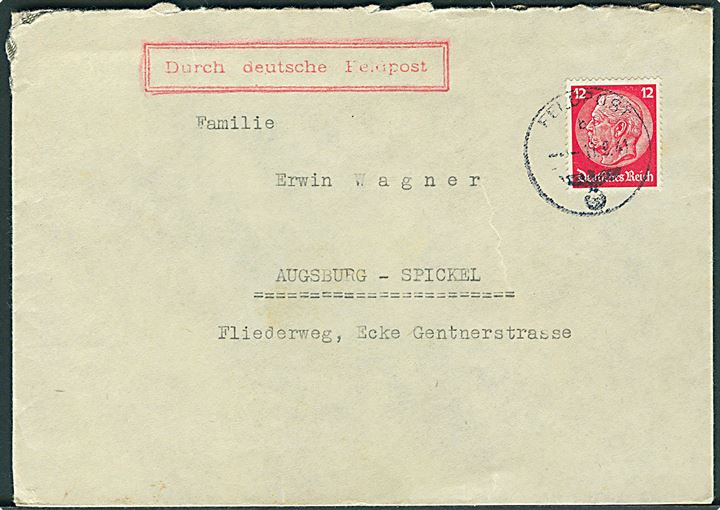 12 pfg. Hindenburg på brev annulleret Feldpost d. 11.9.1941 til Augsburg, Tyskland. Rammestempel Durch deutsche Feldpost. Fra feldpost-nr. 05494 = Rüstungs-Insp. Paris.