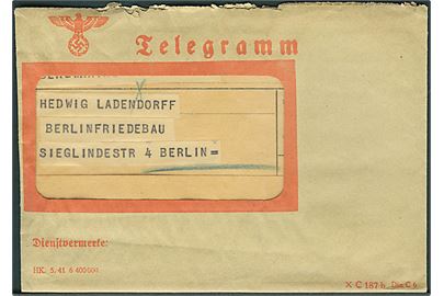 Ufrankeret Telegram rudekuvert sendt lokalt i Berlin d. 1.8.1942.