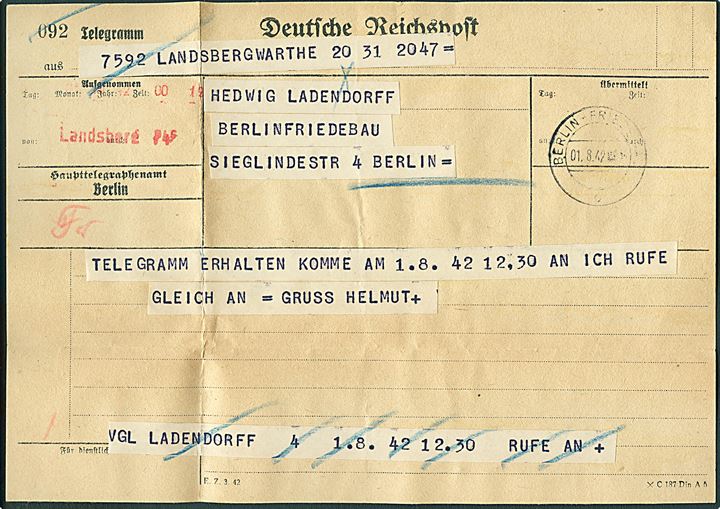 Ufrankeret Telegram rudekuvert sendt lokalt i Berlin d. 1.8.1942.