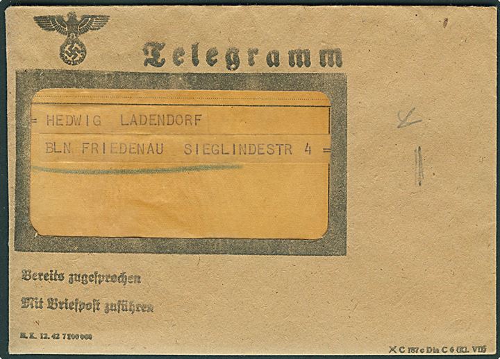 Ufrankeret rudekuvert med telegram sendt lokalt i Berlin d. 11.6.1943