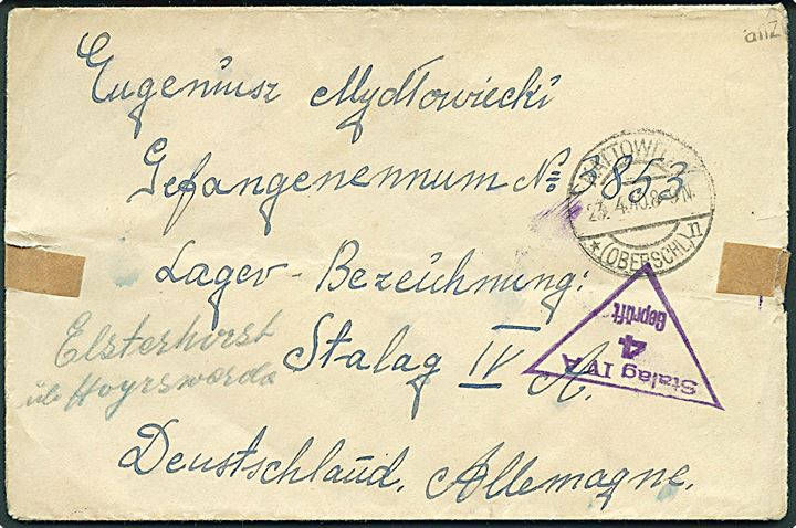 Ufrankeret krigsfangebrev fra Kattowitch d. 23.4.1940 til polsk soldat i Stalag IVA påskrevet Elsterhorst über Hoyerswerda. Lejrcensur Stalag IVA 4 Geprüft.