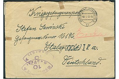 Ufrankeret krigsfangebrev fra Berlin-Charlottenburg d. 19.4.1940 til polsk krigsfange i Stalag IV A (= Elsterhorst). Lejrcensur no. 10.