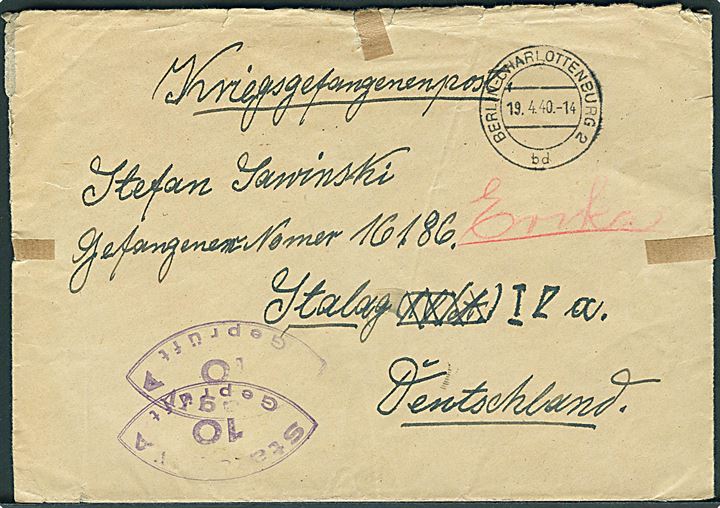Ufrankeret krigsfangebrev fra Berlin-Charlottenburg d. 19.4.1940 til polsk krigsfange i Stalag IV A (= Elsterhorst). Lejrcensur no. 10.