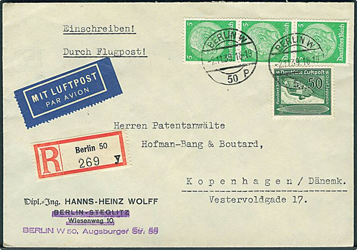5 pfg. Hindenburg (3) og 50 pfg. Graf Zeppelin på anbefalet luftpostbrev fra Berlin d. 2.11.1939 til København, Danmark. Uden censur.