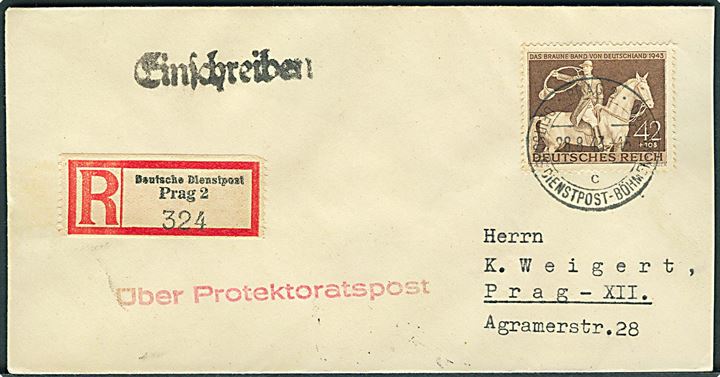 42+108 pfg. Das braune Band 1943 udg. på anbefalet brev stemplet Prag 2 Deutsche Dienstpost Böhmen-Mähren d. 28.8.1943 til Prag. Liniestempel über Protektoratspost. Vedlagt postkvittering.