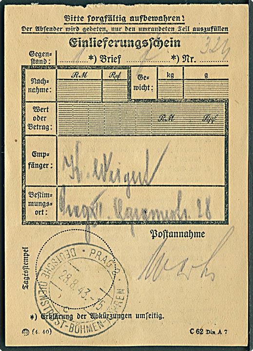 42+108 pfg. Das braune Band 1943 udg. på anbefalet brev stemplet Prag 2 Deutsche Dienstpost Böhmen-Mähren d. 28.8.1943 til Prag. Liniestempel über Protektoratspost. Vedlagt postkvittering.