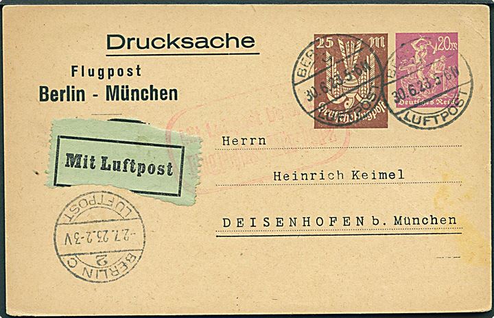 20 mk. Arbejder og 25 mk. Luftpost påp infla luftpost helsagsbrevkort stemplet Berlin Luftpost d. 30.6.1923 til München. Uden meddelelse på bagsiden.