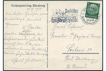 6 pfg. Hindenburg på brevkort (Reichsparteitag Nürnberg) annulleret med særligt TMS fra Nürnberg Reichsparteitag d. 11.9.1938.