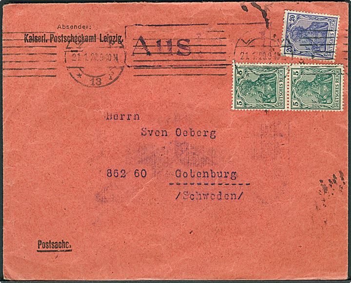 5 pfg. (par) og 20 pfg. Germania på frankeret postsag fra Kaiserl. Postscheckamt i Leipzig d. 21.1.1920 til Göteborg, Sverige. Rammestempel Ausland.