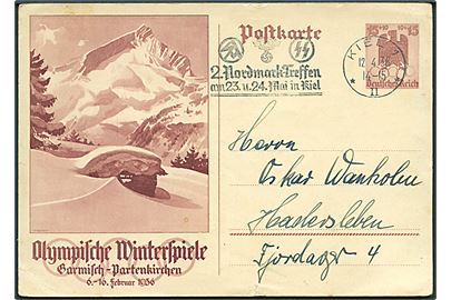 15+10 pfg. illustreret Vinter-OL 1936 helsagsbrevkort annulleret med TMS 2. Nordmark-Treffen/Kiel d. 12.4.1938 til Haderslev, Danmark.