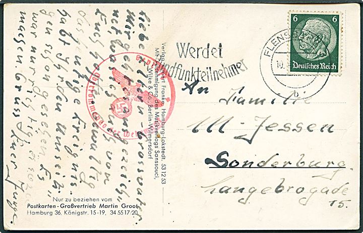 6 pfg. Hindenburg på GRÆNSEPORTO frankeret brevkort (Tysk soldatervise) stemplet Flensburg d. 10.4.1940 til Sønderborg, Danmark. Tysk censur. Lidt kryptisk meddelelse sendt dagen efter den tyske besættelse af Danmark.