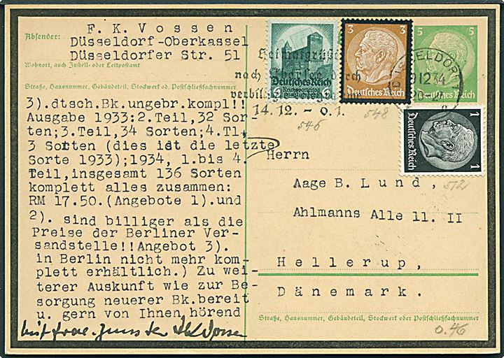 5 pfg. Hindenburg sørge-helsagsbrevkort opfrankeret med 1 pfg. Hindenburg, 3 pfg. Sørge udg. og 6 pfg. Reichsparteitag fra Düsseldorf d. 9.12.1934 til Hellerup, Danmark.