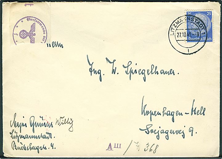 25 pfg. Hindenburg (skadet) på brev stemplet Litzmannstadt d. 27.10.1941 til København, Danmark. Åbnet af tysk censur i Hamburg. Litzmannstadt var det tyske navn for den besatte polske by Lodz.