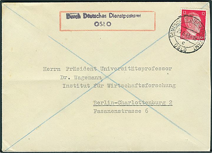 12 pfg. Hitler på brev fra Deutsche Handelskammer in Norwegen, Oslo annulleret med Deutsches Dienstpostamt Oslo d. 29.6.1943 til Berlin.