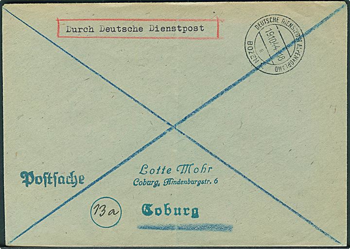 Ufrankeret postsag stemplet Deutsche Dienstpost Alpenvorland Bozen d. 19.10.1944 til Coburg.