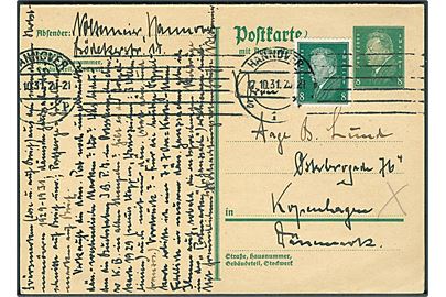8 pfg. Eber dobbelt helsagsbrevkort opfrankeret med 8 pfg. Eber fra Hannover d. 17.10.1931 til København. Vedhængende ubenyttet svardel.