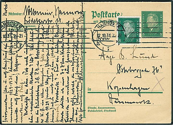 8 pfg. Eber dobbelt helsagsbrevkort opfrankeret med 8 pfg. Eber fra Hannover d. 17.10.1931 til København. Vedhængende ubenyttet svardel.