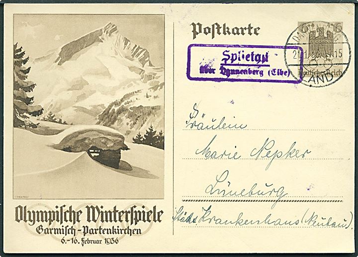 6+4 pfg. illustreret Vinter-OL helsagsbrevkort annulleret Dannenberg Land d. 20.1.1936 og sidestemplet Splietau über Dannenberg (Elbe) til Lüneburg.