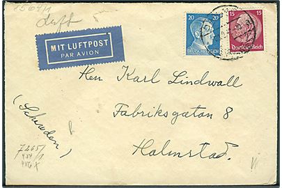 15 pfg. Hindenburg og 20 pfg. Hitler på luftpostbrev fra Danzig d. 9.2.0942 til Halmstad, Sverige. Fra svensk sømand ombord på S/S Ivan. Åbnet af tysk censur i Berlin.
