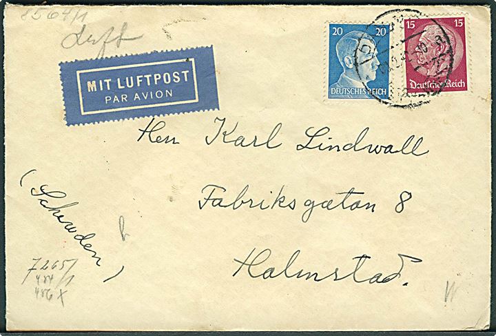 15 pfg. Hindenburg og 20 pfg. Hitler på luftpostbrev fra Danzig d. 9.2.0942 til Halmstad, Sverige. Fra svensk sømand ombord på S/S Ivan. Åbnet af tysk censur i Berlin.