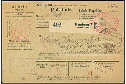 Hamburg Gebühr bezahlt stempel på internationalt adressekort for pakke fra Hamburg d. 15.12.1924 via Helsingfors til Tammerfors, Finland.