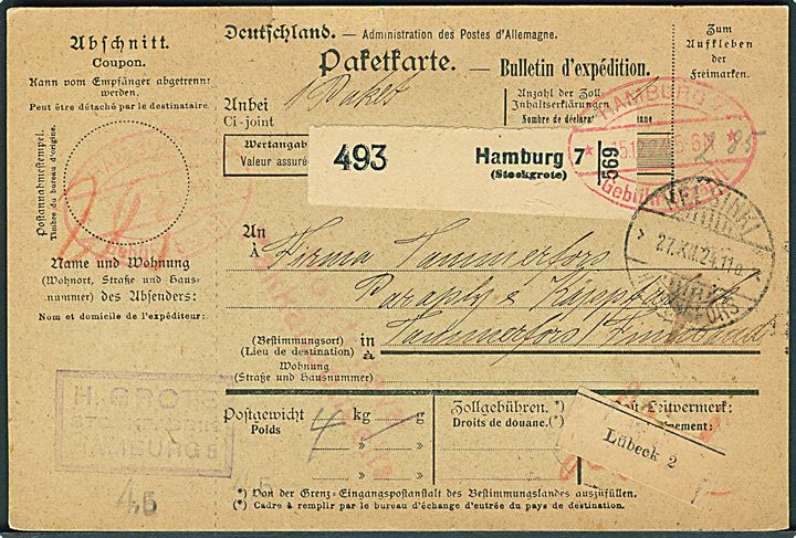 Hamburg Gebühr bezahlt stempel på internationalt adressekort for pakke fra Hamburg d. 15.12.1924 via Helsingfors til Tammerfors, Finland.