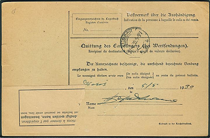 Hamburg Gebühr bezahlt stempel på internationalt adressekort for pakke fra Hamburg d. 17.4.1930 via Helsingfors til Karis, Finland.