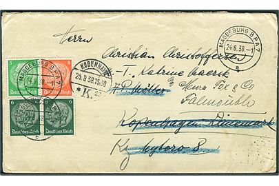 5 pfg, 6 pfg. (par) og 8 pfg. Hindenburg på brev fra Magdeburg d. 24.8.1938 til sømand ombord på M/T Katrine Mærsk via rederiet A.P.Møller i København - eftersendt til Falmouth, England.