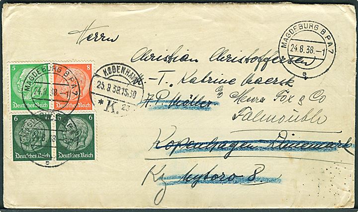 5 pfg, 6 pfg. (par) og 8 pfg. Hindenburg på brev fra Magdeburg d. 24.8.1938 til sømand ombord på M/T Katrine Mærsk via rederiet A.P.Møller i København - eftersendt til Falmouth, England.