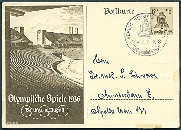 6+4 pfg. illustreret Sommer OL helsagsbrevkort annulleret med særstempel Berlin Olympia-Stadion * XI. Olympiade 1936 * d. 1.8.1936 til Amsterdam, Holland.