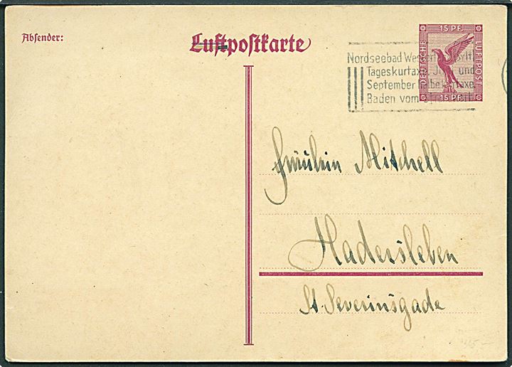 15 pfg. luftpost helsagsbrevkort sendt som overfladepost fra Westerland, Sylt d. 5.9.1930 til Haderslev, Danmark.