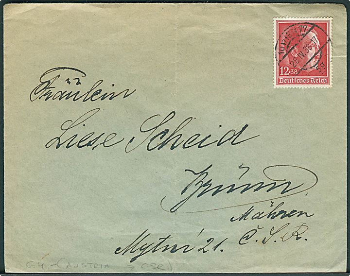 12+38 pfg. Hitler 49 år single på brev fra tysk annekteret Østrig stemplet Wien d. 28.4.1938 til Brünn, Tjekkoslovakiet.