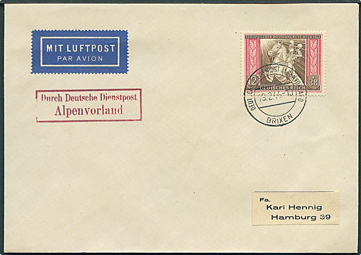 12+38 pfg. Postkongres på luftpostbrev annulleret Deutsche Dienstpost Alpenvorland Brixen d. 19.2.1944 til Hamburg.