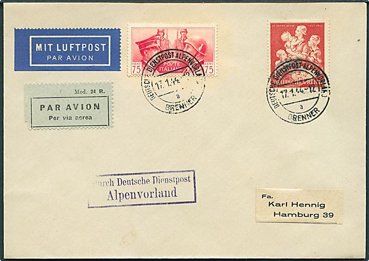 Tysk 12+38 pfg. Winterhilfswerk og italiensk 75 c. Hitler/Mussolini på luftpostbrev stemplet Deutsche Dienstpost Alpenvorland Brenner d. 17.1.1944 til Hamburg.