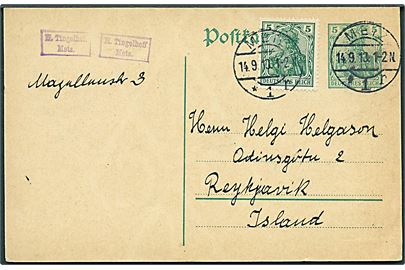 5 pfg. Germania helsagsbrevkort opfrankeret med 5 pfg. Germania fra Metz d. 14.9.1913 til Reykjavik, Island.