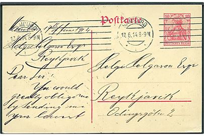 10 pfg. Germania helsagsbrevkort fra Hamburg d. 17.6.1914 til Reykjavik, Island.