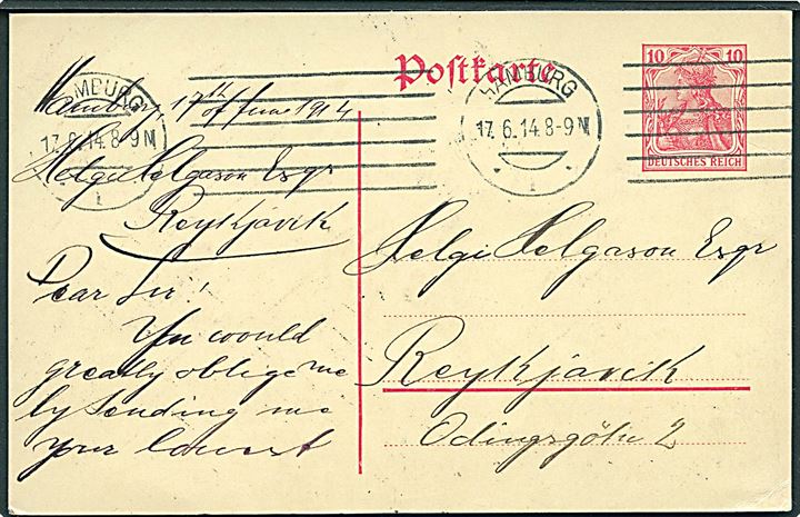10 pfg. Germania helsagsbrevkort fra Hamburg d. 17.6.1914 til Reykjavik, Island.