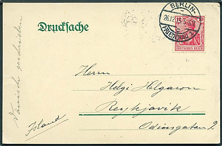 10 pfg. Germania på brevkort fra Berlin d. 26.12.1915 til Reykjavik, Island. Uden censur.
