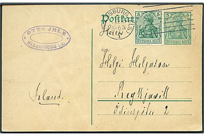 5 pfg. Germania helsagsbrevkort opfrankeret med 5 pfg. Germania fra Strassburg (Els.) d. 1.12.1913 til Reykjavik, Island.
